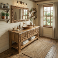 Rustic Hand Carved Solid Wood Bathroom Vanity Decorative Panel Cabinet