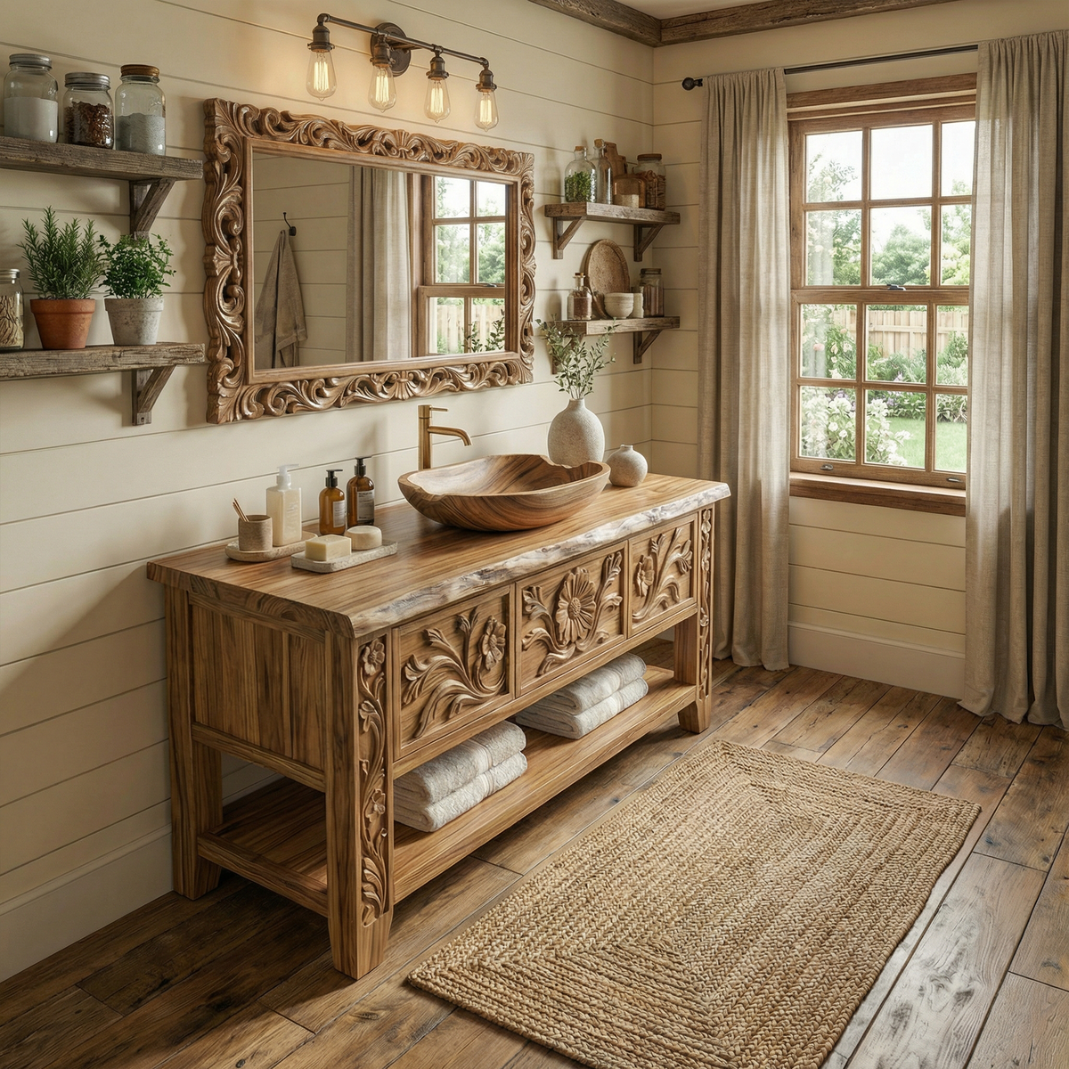 Rustic Hand Carved Solid Wood Bathroom Vanity Decorative Panel Cabinet