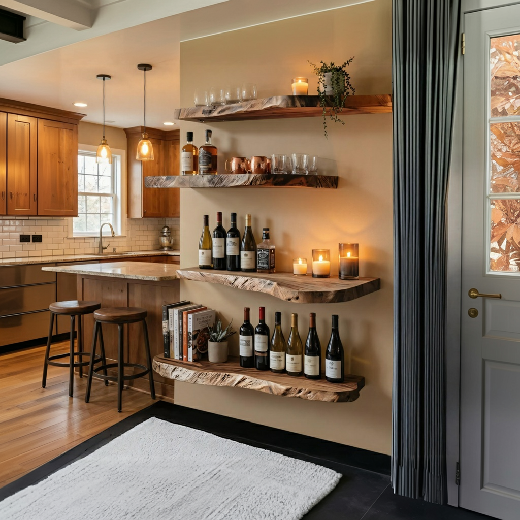 Industrial Rustic Floating Wine Display Shelves Solid Wood Wall Rack