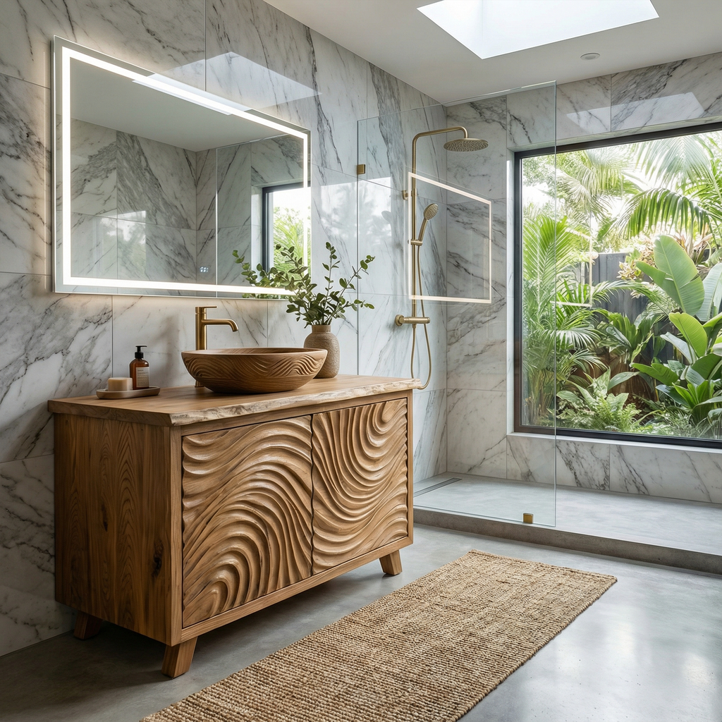 Modern Wave Carved Solid Wood Bathroom Vanity Freestanding Cabinet