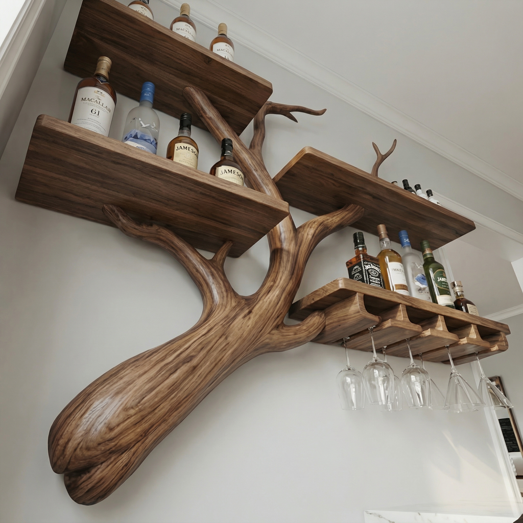 Rustic Tree Branch Wine Rack Wooden Wall Mounted Shelf For Kitchen Dining Room Home Bar