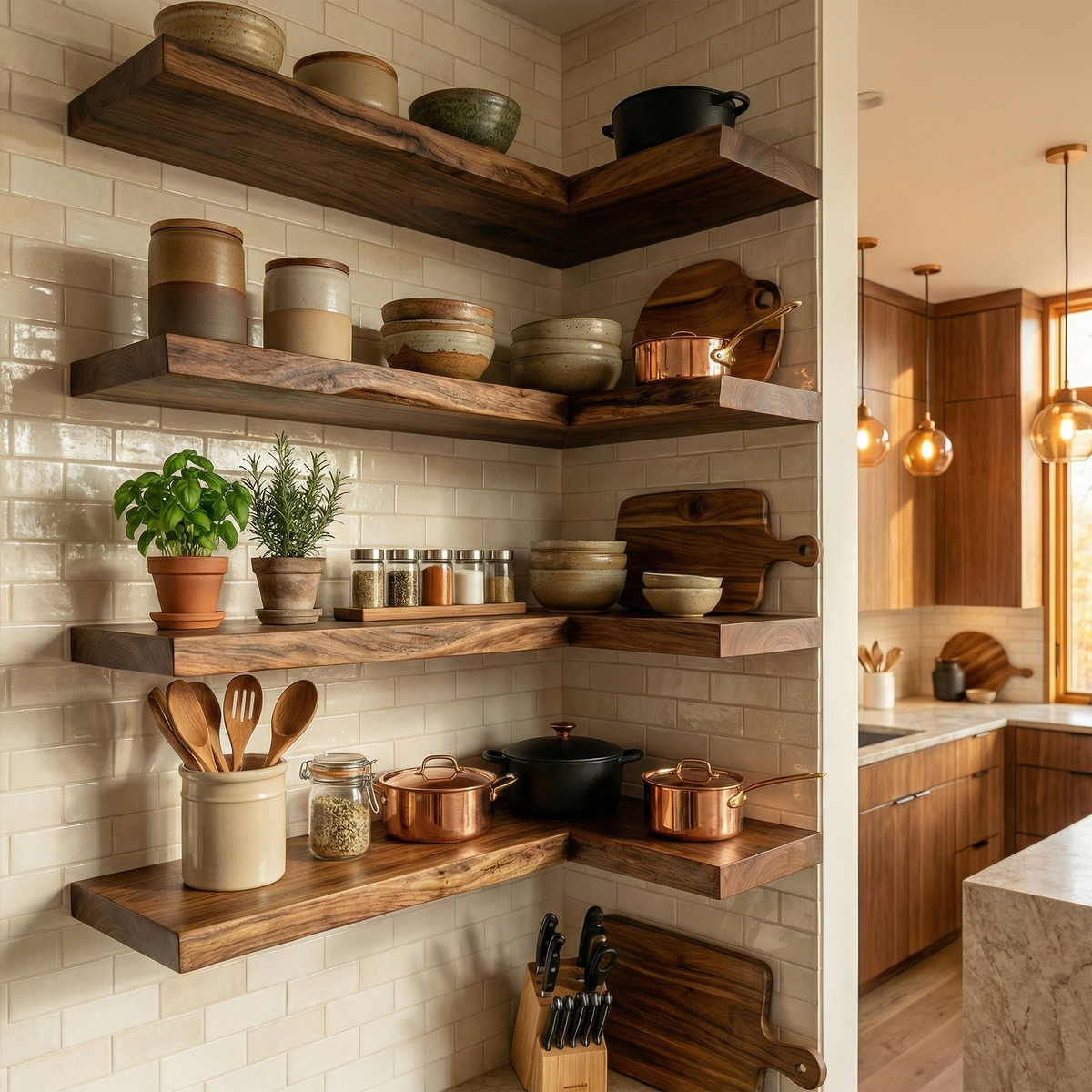 Modern L Shape Floating Kitchen Shelves Corner Wall Storage Display