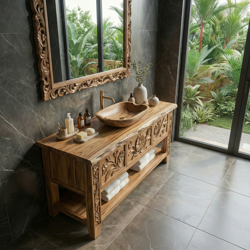 Rustic Hand Carved Solid Wood Bathroom Vanity Decorative Panel Cabinet