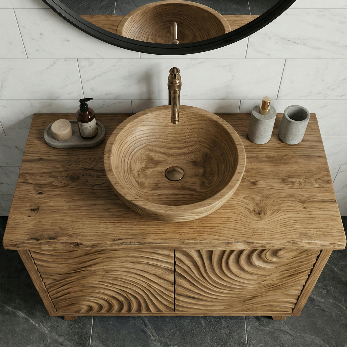 Modern Wave Carved Solid Wood Bathroom Vanity Freestanding Cabinet