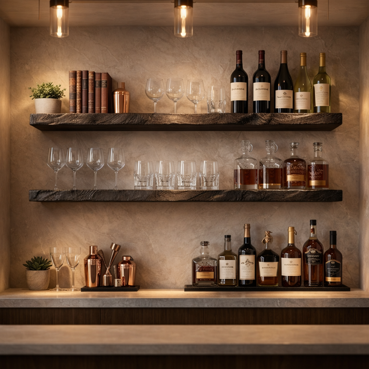 Industrial Solid Wood Floating Bar Shelves Wall Mounted Display Rack