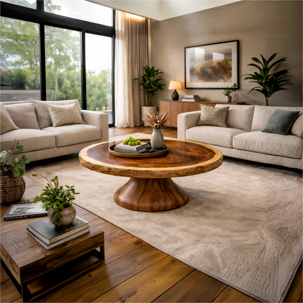 Monumental Pedestal Solid Wood Coffee Table Sculptural Focal Point Sophisticated Living Room Interior