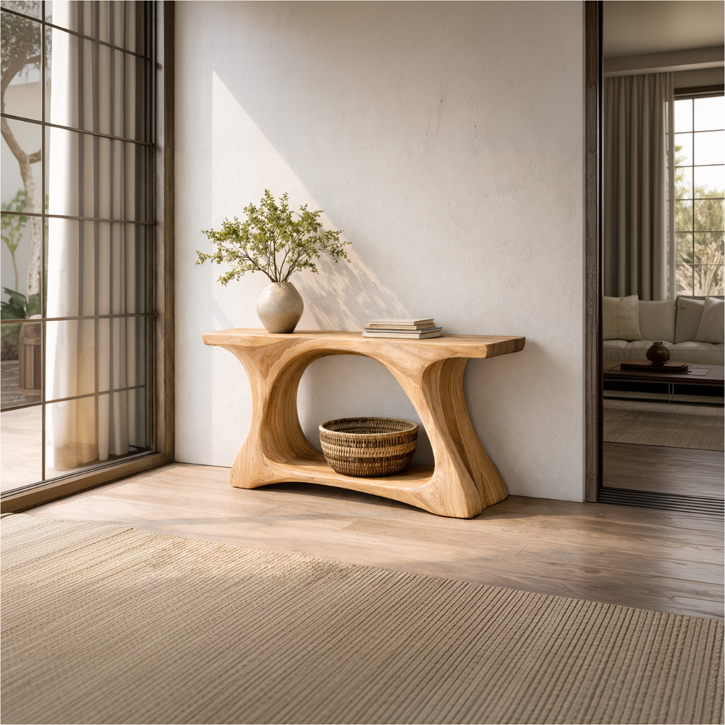 Rustic Wood Console Table With Organic Curved Tree Trunk Base