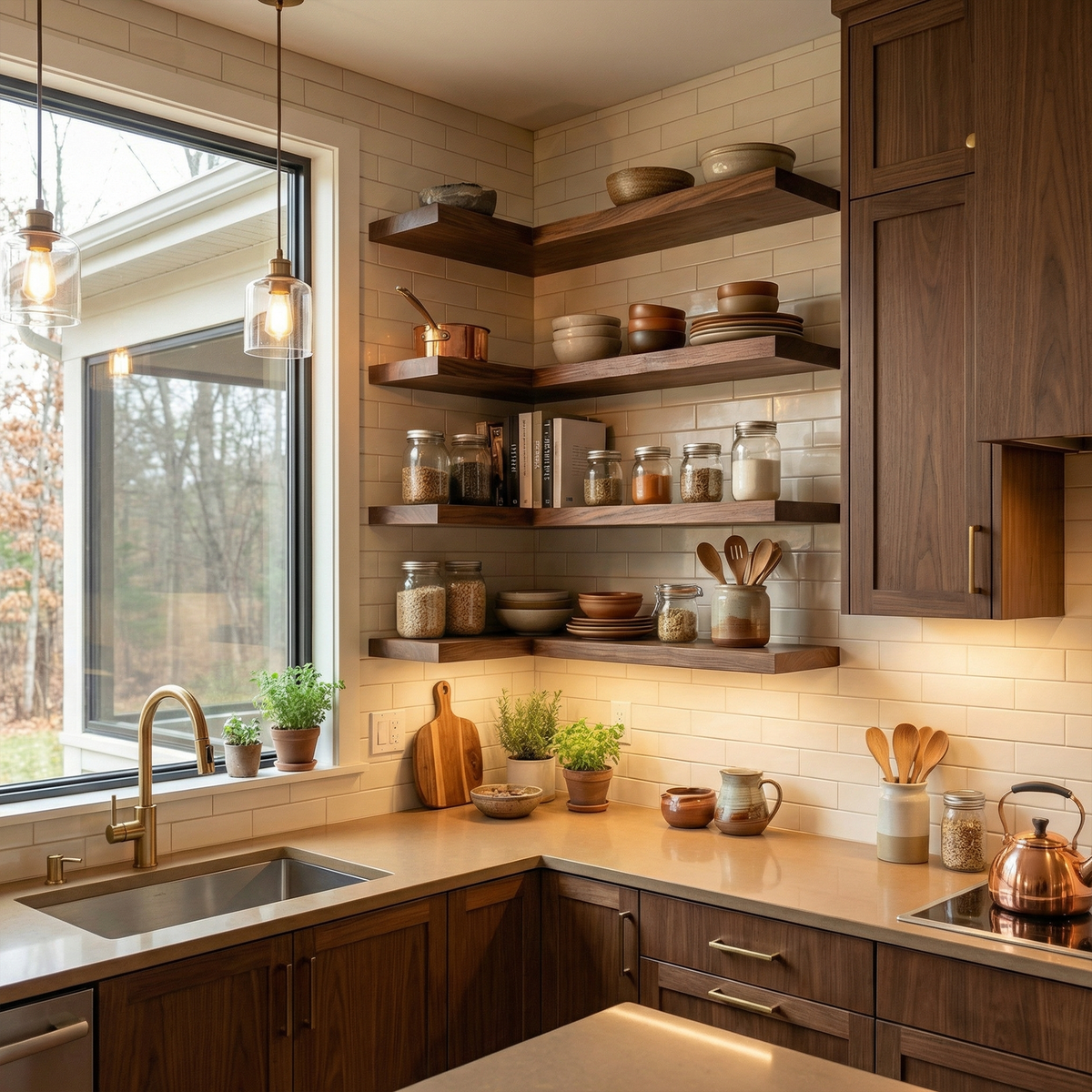 Modern L Shape Floating Kitchen Shelves Corner Wall Storage Display
