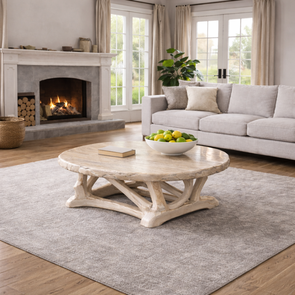 Handcrafted Driftwood Style Round Coffee Table Sculptural Coastal Living Room Interior