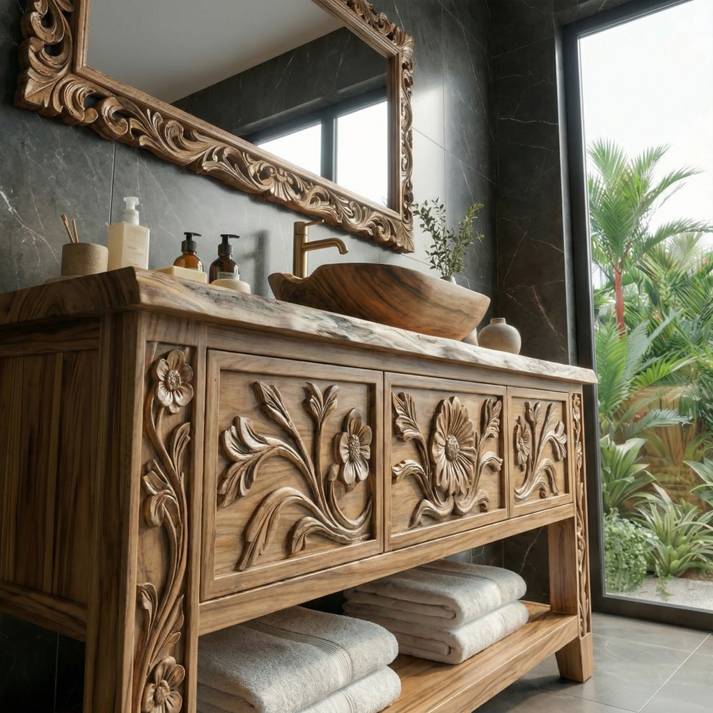 Rustic Hand Carved Solid Wood Bathroom Vanity Decorative Panel Cabinet