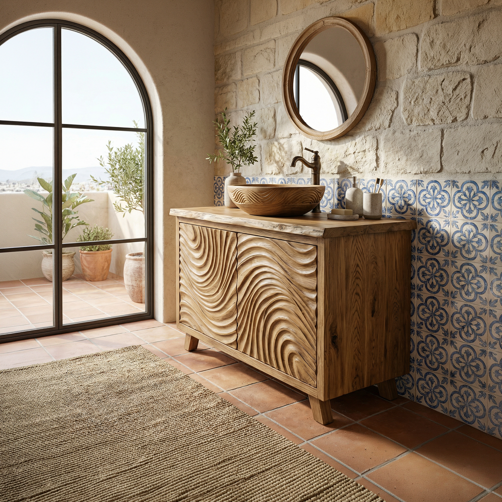 Modern Wave Carved Solid Wood Bathroom Vanity Freestanding Cabinet