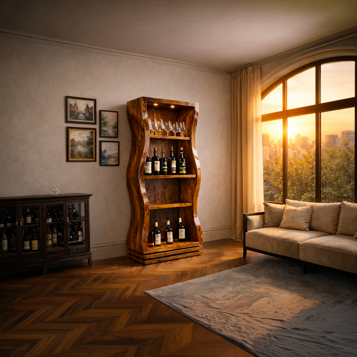 Organic Modern Tall Bar Storage Display Cabinet For Living Room