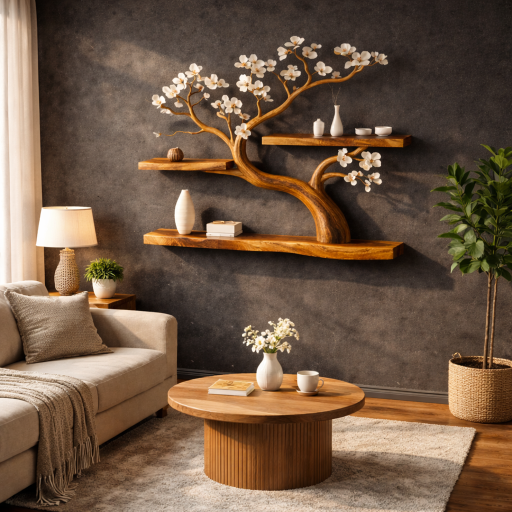 Rustic Tree Shelf Wall Decor Handmade For Entryway