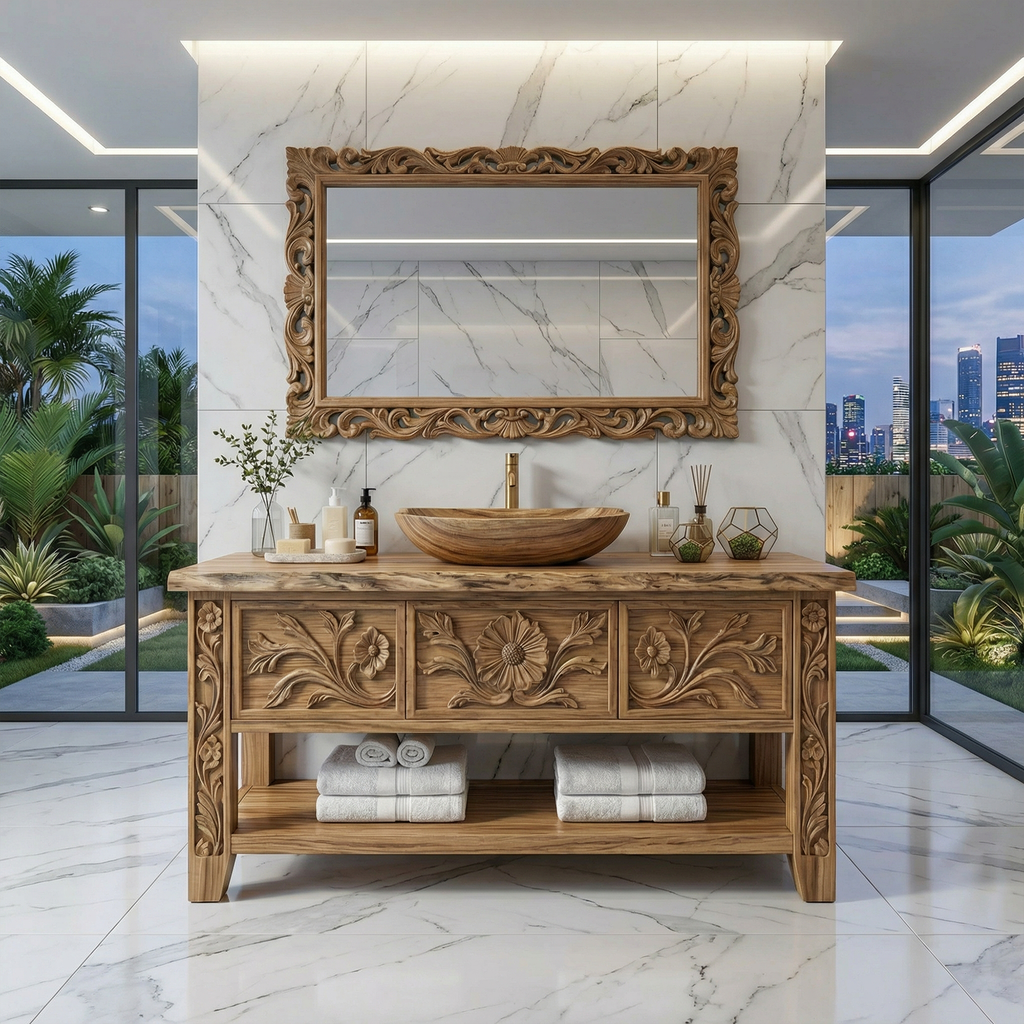 Rustic Hand Carved Solid Wood Bathroom Vanity Decorative Panel Cabinet