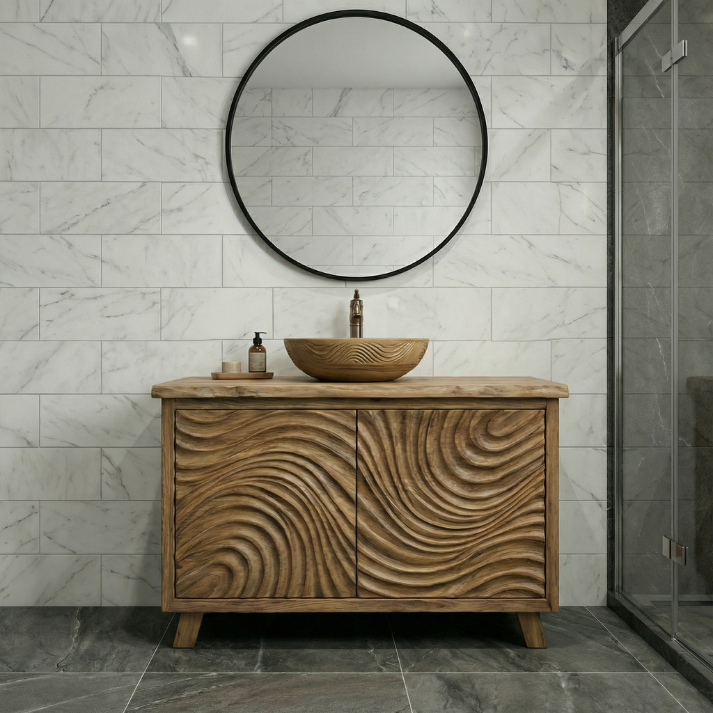 Modern Wave Carved Solid Wood Bathroom Vanity Freestanding Cabinet