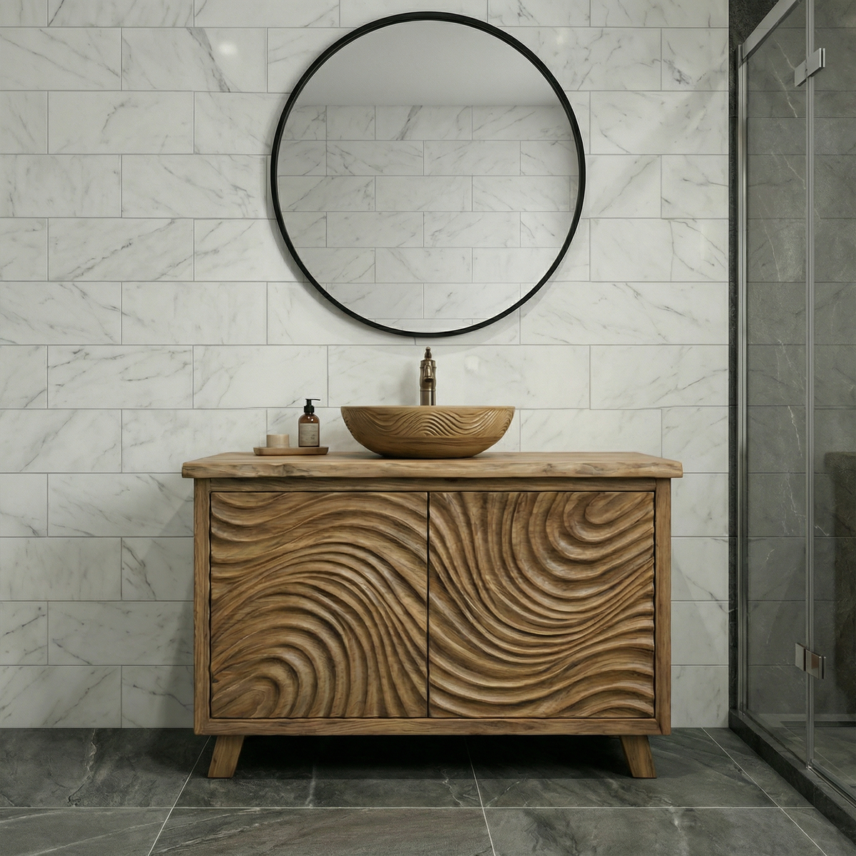 Modern Wave Carved Solid Wood Bathroom Vanity Freestanding Cabinet