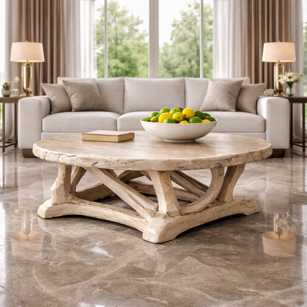 Handcrafted Driftwood Style Round Coffee Table Sculptural Coastal Living Room Interior