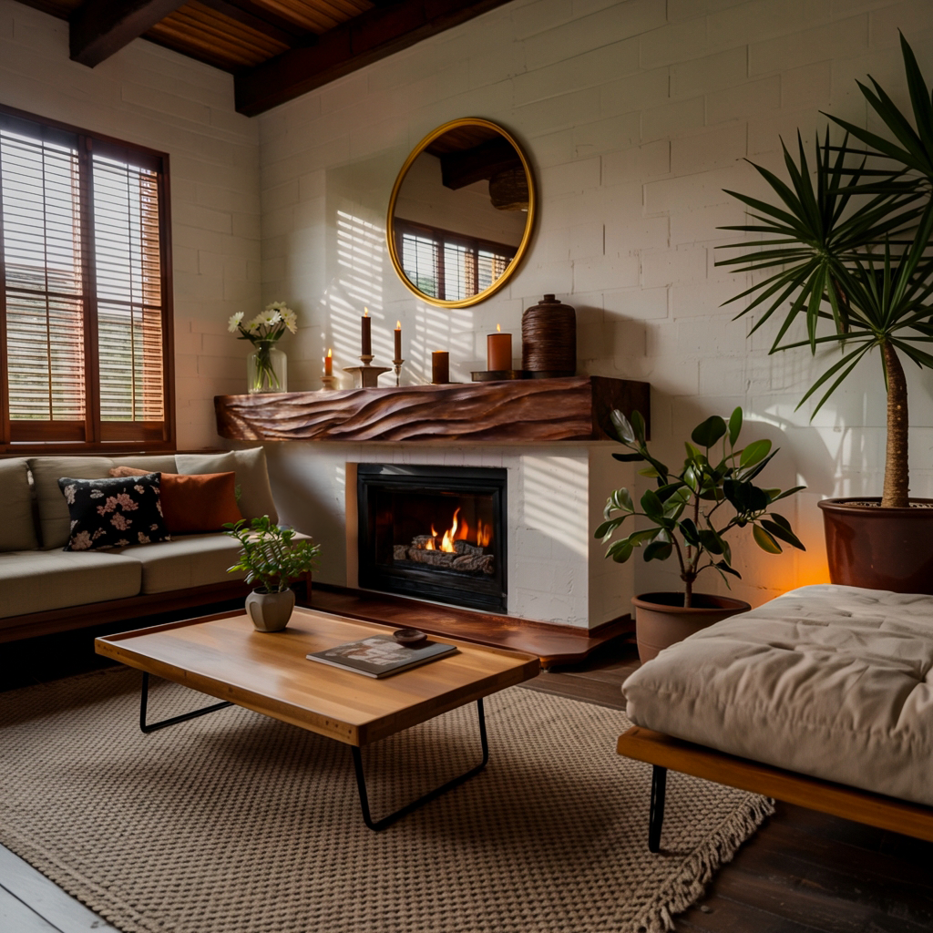 Rustic Wooden Floating Fireplace Mantel For Living Room Interior