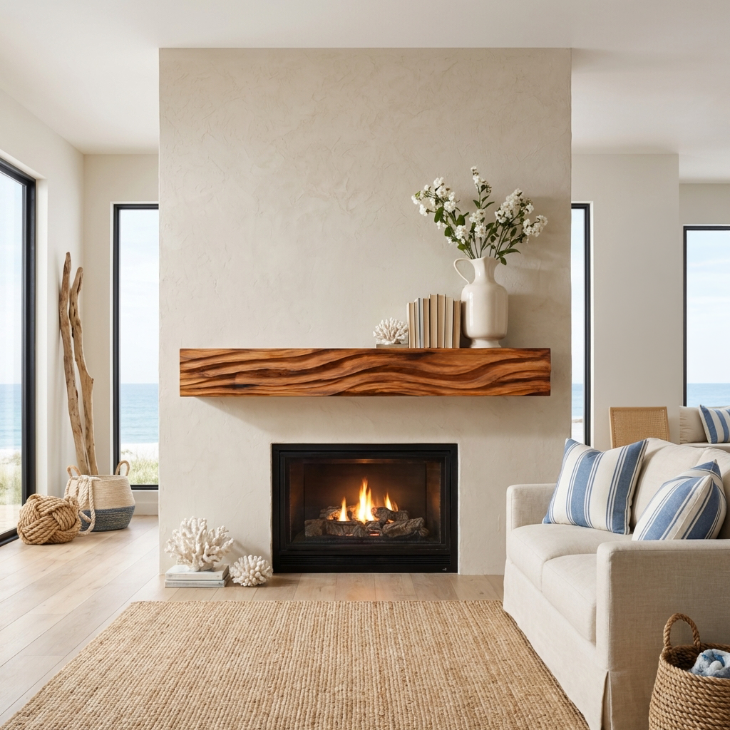 Rustic Wooden Floating Fireplace Mantel For Living Room Interior