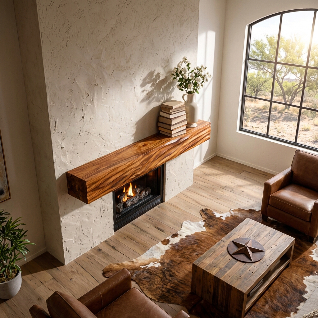 Rustic Wooden Floating Fireplace Mantel For Living Room Interior