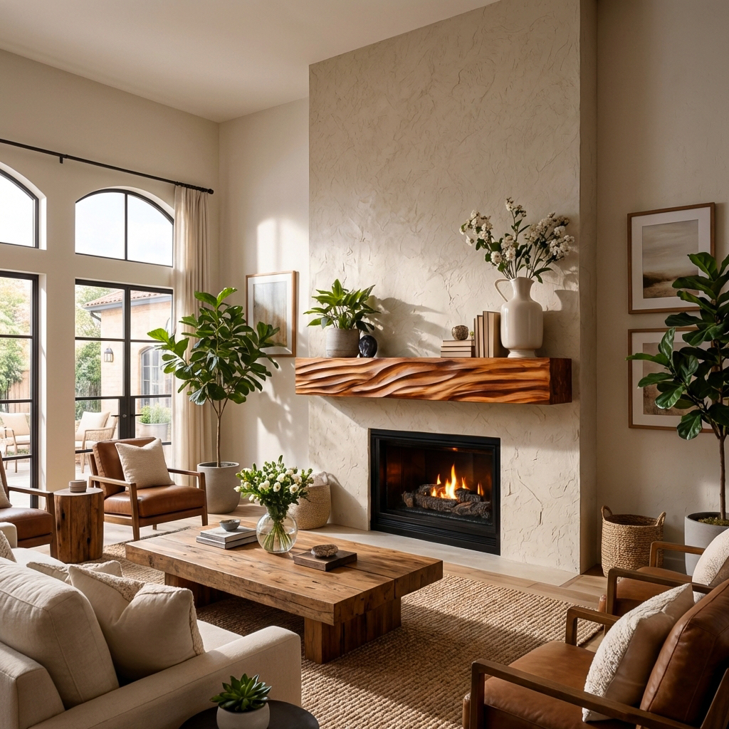 Rustic Wooden Floating Fireplace Mantel For Living Room Interior