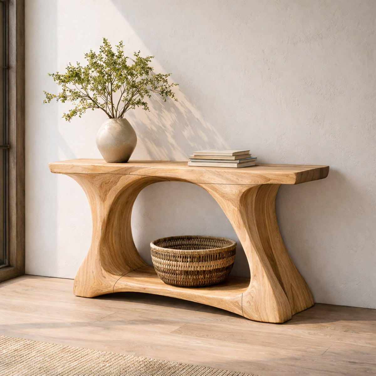 Rustic Wood Console Table With Organic Curved Tree Trunk Base