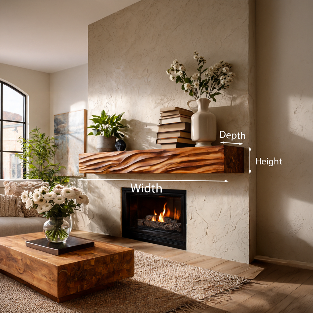 Rustic Wooden Floating Fireplace Mantel For Living Room Interior
